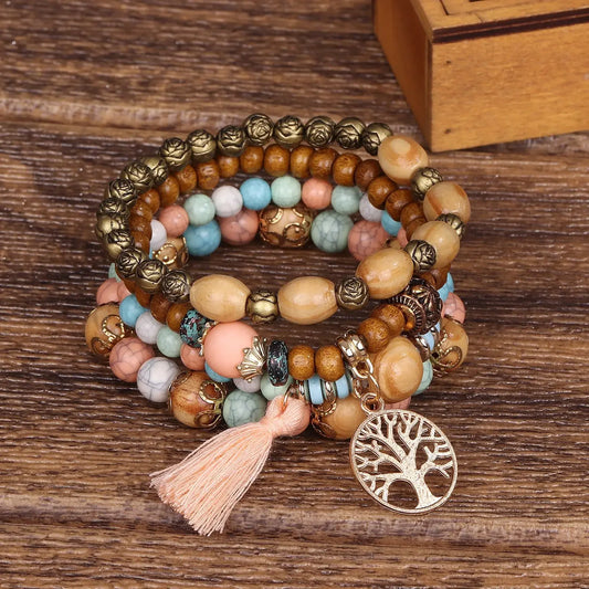 Luckacco Boho Tree Of Life Bracelet Set For Women Fashion Tassels Charm Wooden Beads Elastic Chain Bangle Girl Trendy Party Jewelry