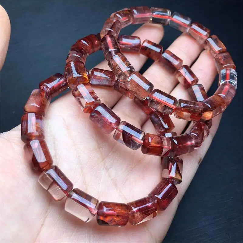 luckacco 9-12mm natural red fire quartz hematoid bucket bead bracelet women healing gemstone crystal strand lovers girlfriend 1pcs