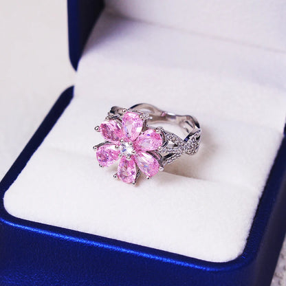 Luckacco 2023 Exquisite Zircon Women's Ring Pink Flowers Lady Engagement Ring Party Jewelry Peach Blossom Ring Fashion Jewelry For Women