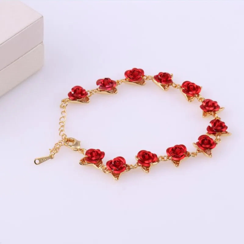 luckacco romantic adjustable red rose link chain bracelet fashion valentine gift for lover women's hand bracelets bride jewelry accessori