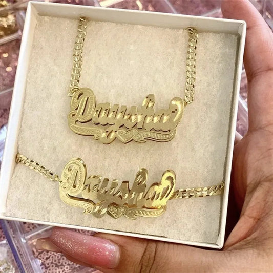 Luckacco 18K Gold Plated Nameplate Necklace Personalized Double Layer 3D Necklaces With Heart Customized Name Stainless Steel Jewelry