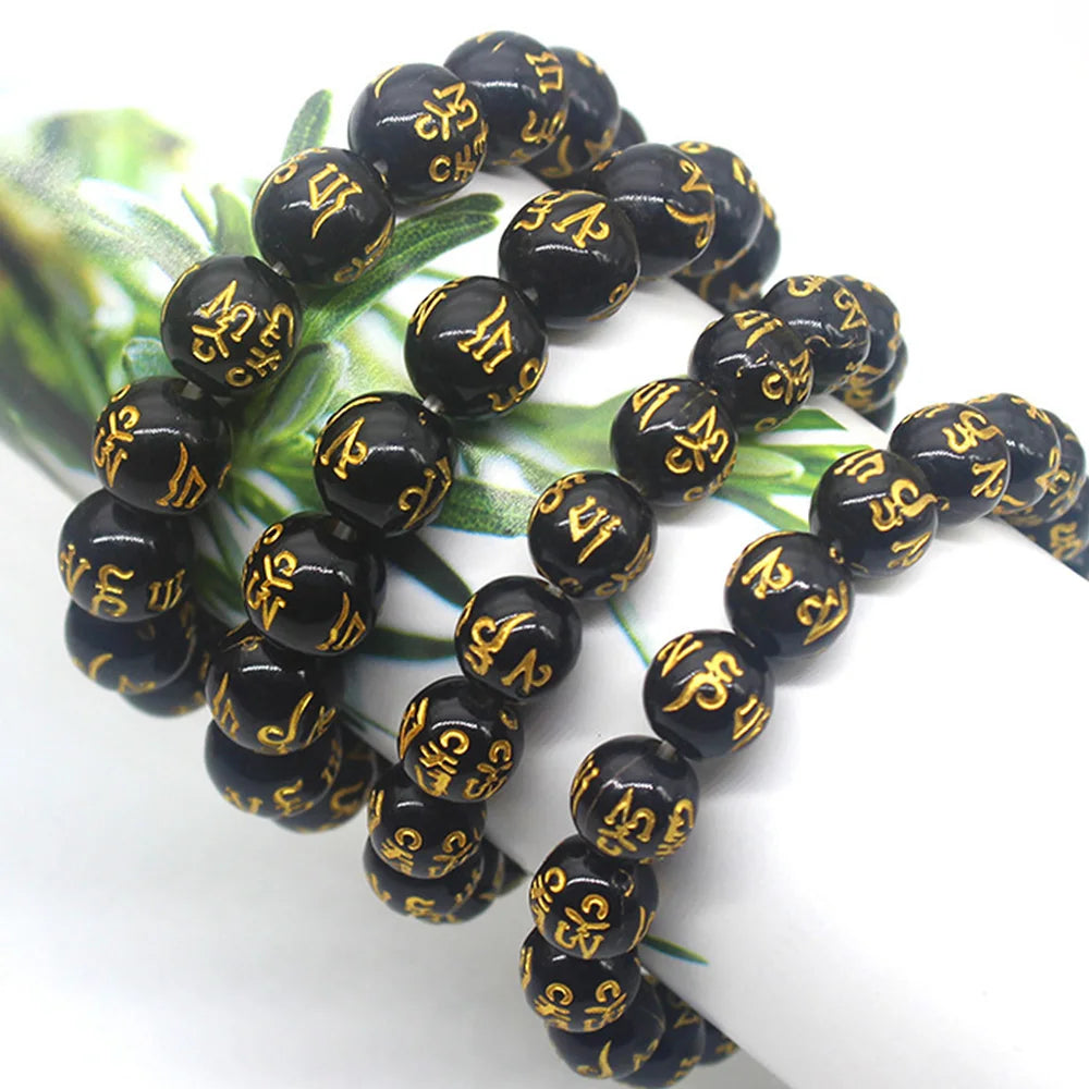 luckacco natural obsidian beads six character mantra bracelet lucky wealth bangle buddhist accessories meditation blessing amulet jewelry