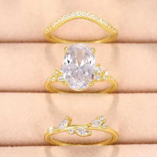 Luckacco daily picks Newest Oval Cubic Zirconia 3Pcs Rings Set Luxury Women Accessories for Engagement Wedding Party Statement Female Jewelry