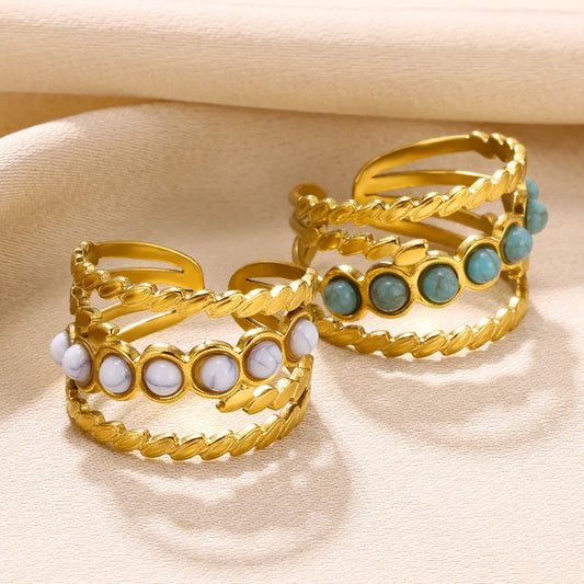 Luckacco Vintage Turquoise Wide Ring for Women Gold Color Stainless Steel Wheat Ear Adjustable Open Ring Fashion Party Jewelry Gift