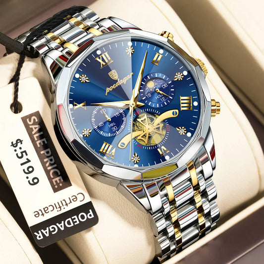 Luckacco POEDAGAR Luxury Men Watch Top Original Waterproof Luminous Chronograph Man Wristwatch Stainless Steel Quartz Men's Watches Reloj