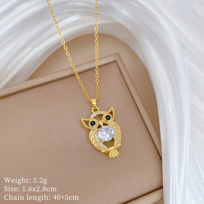 luckacco women's stainless steel owl necklace european and american popular light luxury temperament pendant collarbone chain jewelry