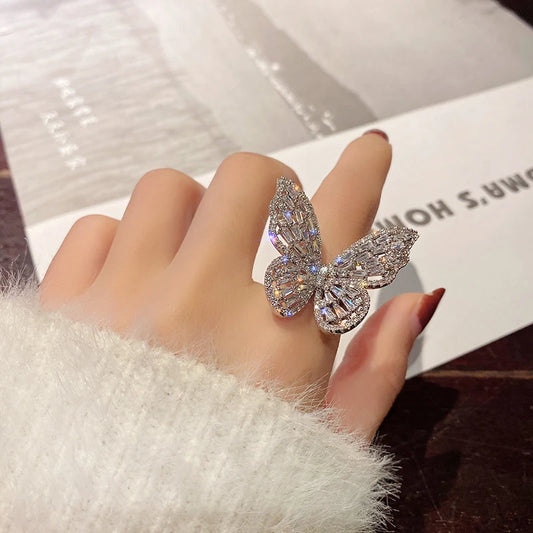 Luckacco Women's Copper Set Zircon Butterfly Ring European and American Style Luxury Bubble Cocktail Party Ring Bride Jewelry Accessories