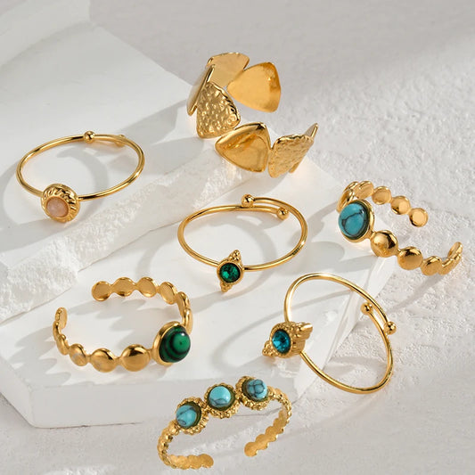 Luckacco Multiple Styles 14K Gold Color Adjustable Ring Stainless Steel Natural Stone Turquoise Zircon Rings For Women Girl Jewelry Gifts