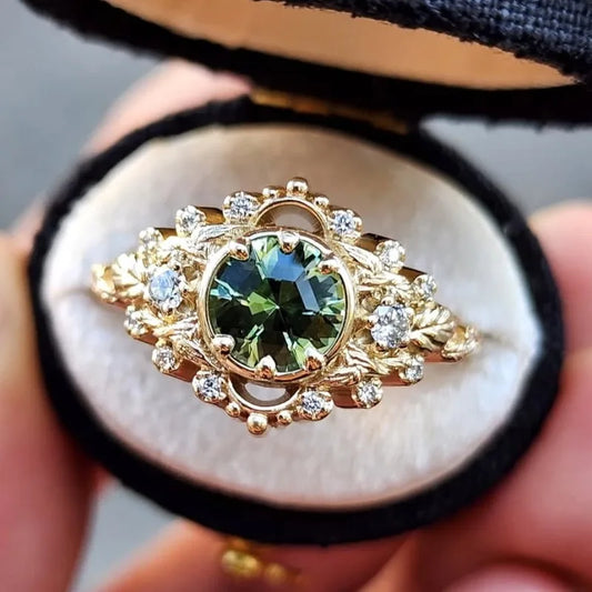 Luckacco Charm Gold Color Inlaid with Green White Stone Flower Leaf Rings Attractive Party Engagement Wedding Rings for Women Jewelry