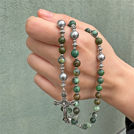 Luckacco Catholic Jesus Cross Bracelet Men Religious Prayer Rosary Bangle 50CM Natural African Turquoises Lava Gem Stone Bead Bracelet