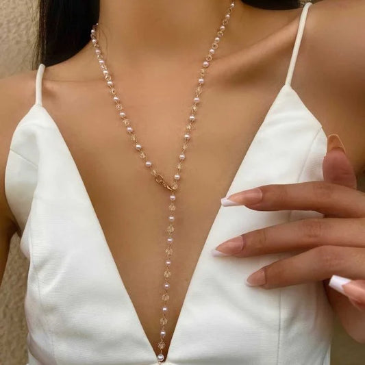 Luckacco Trendy Gold Silver Color Glass Long Y-Shaped Necklace Metal Collarbone Chain Summer Holiday Party Bohemian Body Jewelry Gifts