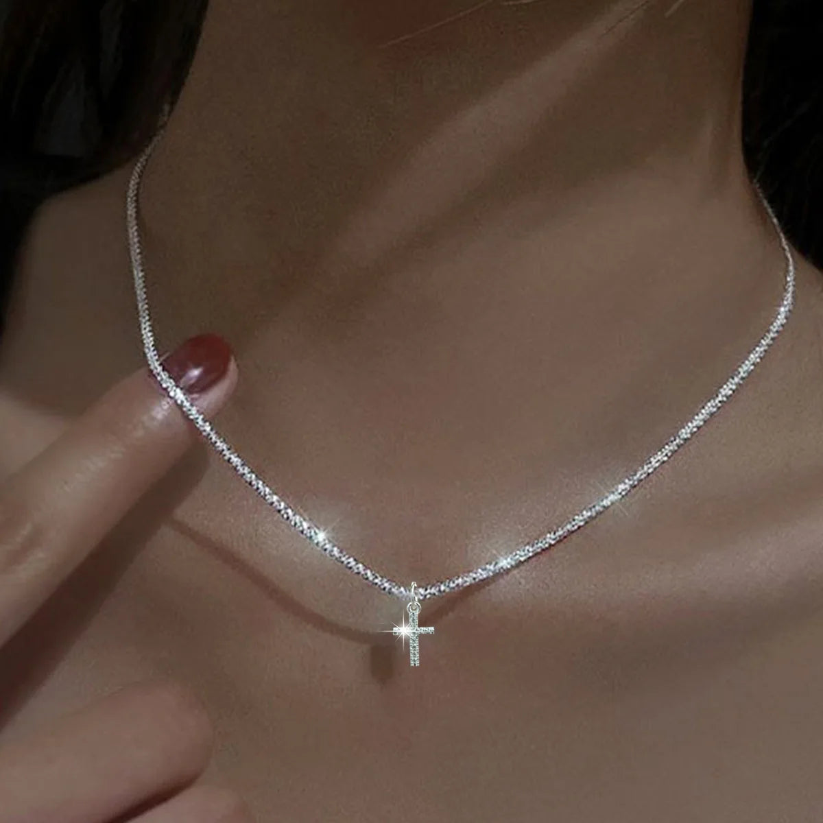 luckacco popular 925 sterling silver cross zircon necklace personalized geometric pendant choker birthday party gift women's fine jewelry