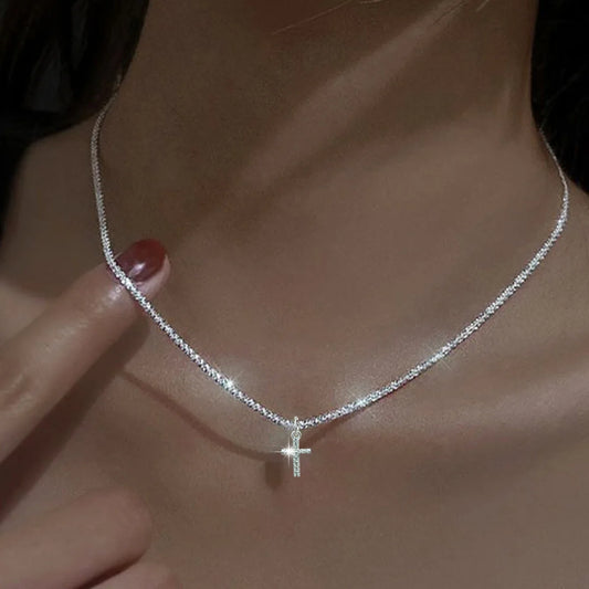 Luckacco Popular 925 Sterling Silver Cross Zircon Necklace Personalized Geometric Pendant Choker Birthday Party Gift Women's Fine Jewelry