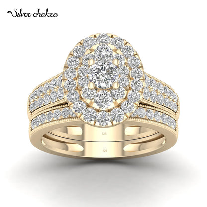 Luckacco 2PCS Diamond Couple Rings Set Woman Wedding Engagement Sterling Silver Ring Shining Luxury 5A Zircon 14k Gold Classic Jewelry