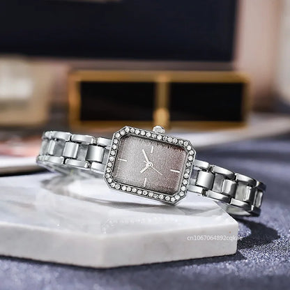 Luckacco Luxury Ladies Brand Watches Fashion Dresses Square Crystal Minimalist Design Women Quartz Watch Stainless Steel Skeleton Clock