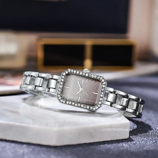 Luckacco Luxury Ladies Brand Watches Fashion Dresses Square Crystal Minimalist Design Women Quartz Watch Stainless Steel Skeleton Clock