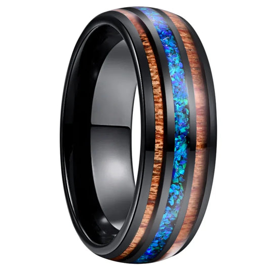 Luckacco 8MM Unique Blue Opal Inaly Men's Black Stainless Steel Rings Koa Wood Wedding Band Jewelry Party Steel Ring Accessory