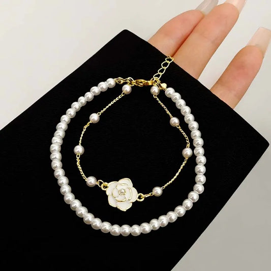Luckacco Vintage White Camellia Flower Bracelets For Women Elegant Double Layer Simulated Pearl Beads Chain Bracelet Jewelry 2025 Trend