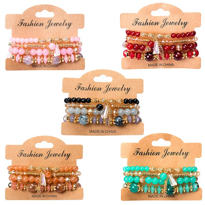 Luckacco 4 pieces/set Bohemian crystal tassel multi-layer elastic rope bracelet, handmade beaded bracelet, women's fashion accessories