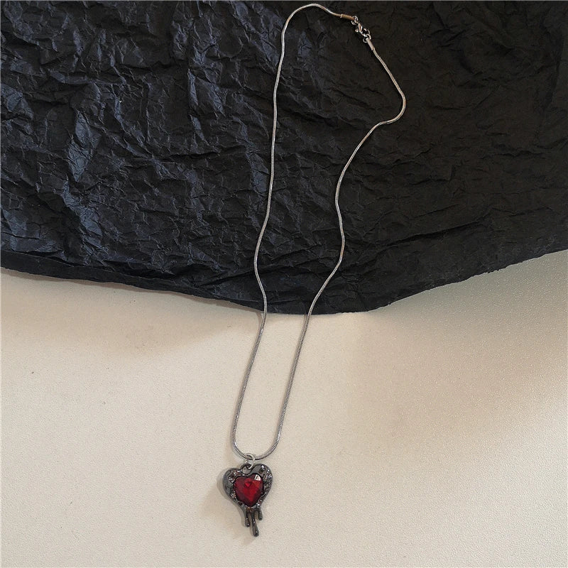 luckacco gothic vintage y2k red glass heart star cross pendant pearl bead necklace for women men aesthetic 90s grunge accessories jewelry