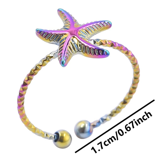 Luckacco 1pc Stylish Marine Jewelry Ocean Sea Animals Conch Starfish Shell Ring Stainless Steel Jellyfish Scallop Rings Women Charm Gift
