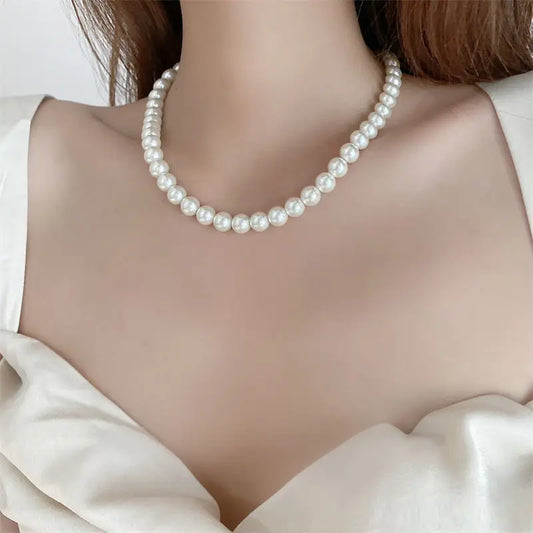 Luckacco Fashion Elegant White Imitation Pearl Chokers Necklace For Women Men Wedding Banquet Necklaces Vintage Handmade Jewelry Gift