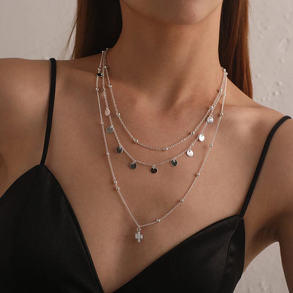 Luckacco New 925 Sterling Silver Triple Layer Necklace Plant Round Piece Choker Exquisite Clavicle Chain Send Women's Fine Accessories