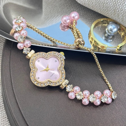 Luckacco Diamond Set Color Light Luxury Drawstring Watch Exquisite Small Pearl Clover Drawstring Style Quartz Women's Watch