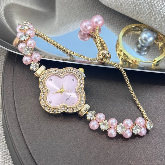 Luckacco Diamond Set Color Light Luxury Drawstring Watch Exquisite Small Pearl Clover Drawstring Style Quartz Women's Watch