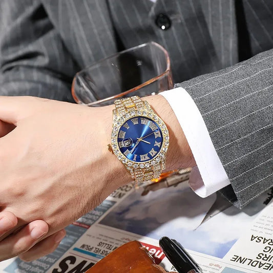 Luckacco Personalized Hip Hop Watch with Shiny Rhinestones for Men, Luxury Clock, Band Length, Iced Steel Belt, 40mm Diameter Glass Dial