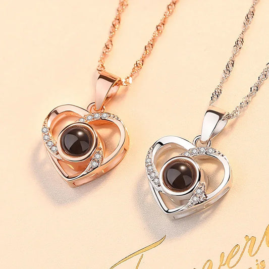 Luckacco Valentine's Day Gift Projection 100 Languages Necklace Simple Heart Shaped Projection Necklace Birthday Lover Family Memory Gift