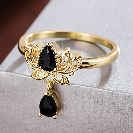 Luckacco Fashion Elegance Lotus Ladies' Ring Synthetic Zirconia Teardrop-Shaped Pendant Ring