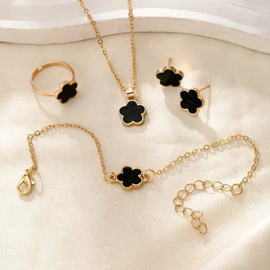 Luckacco Lucky Five-petal Flower Clover Earrings Necklace Ring Bracelet Four-piece Set for Woman Fashionable Accessories Party Jewelry