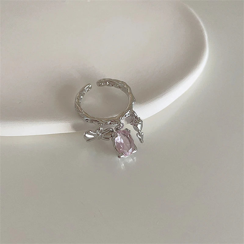 luckacco pink crystal irregular heart rings creative zircon bowknot opal love heart open ring y2k shiny rings for women party jewelry