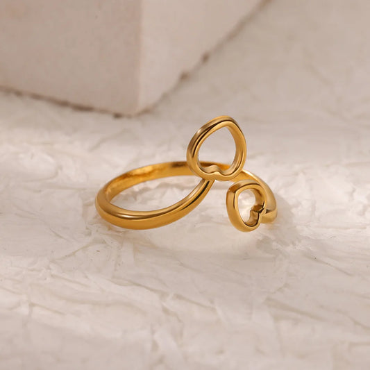 Luckacco Double Heart Rings For Women Gold Color Stainless Steel Open Adjustable Ring Female Fashion Party Wedding Aesthetic Jewelry Gift