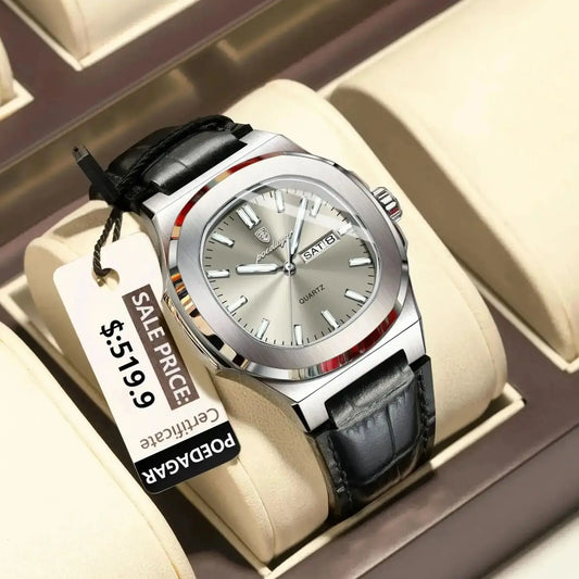 Luckacco POEDAGAR High Quality Watch For Men Luxury Luminous Waterproof Week Calendar Man Clock Leather Square Men's Quartz Watches Reloj