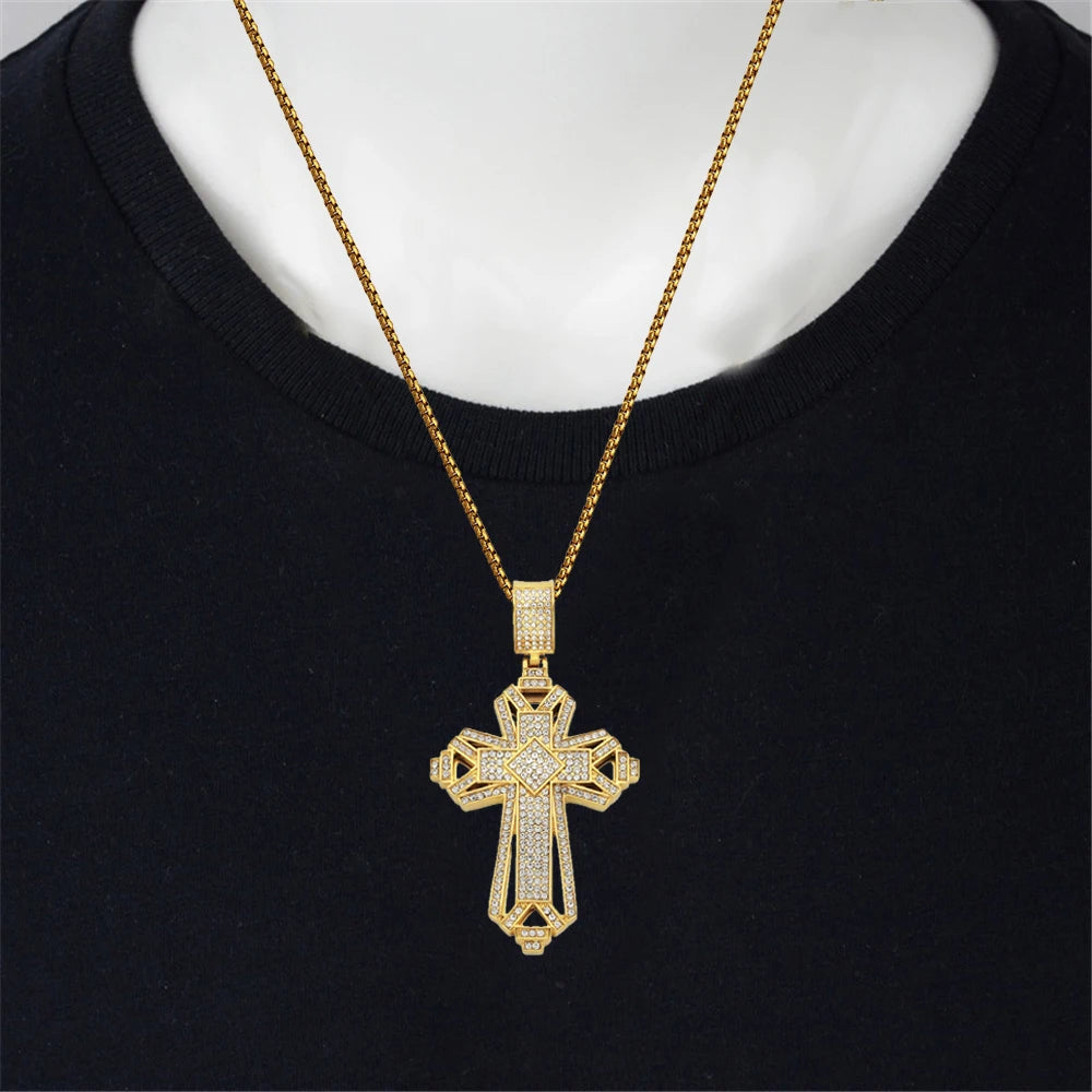 luckacco religious iced out zircon jesus cross pendant male gold color stainless steel christian big necklace for men jewelry gift 2025