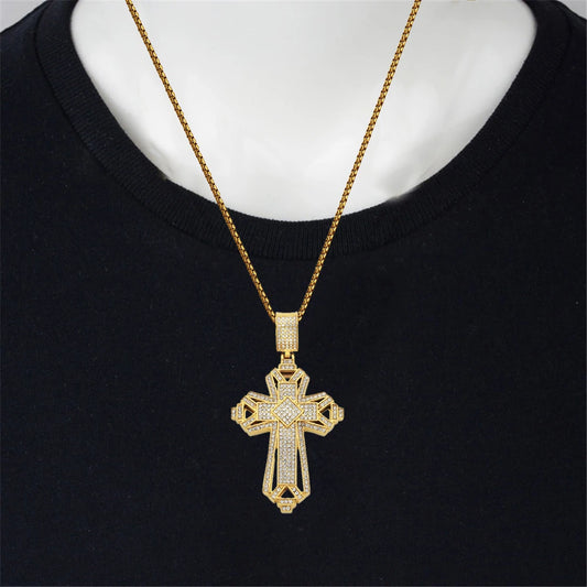 Luckacco Religious Iced Out Zircon Jesus Cross Pendant Male Gold Color Stainless Steel Christian Big Necklace for Men Jewelry Gift 2025