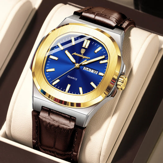 Luckacco POEDAGAR High Quality Watch For Men Luxury Luminous Waterproof Week Calendar Man Clock Leather Square Men's Quartz Watches Reloj