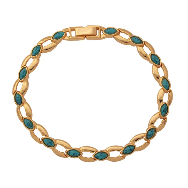 luckacco u7 gold color oval horse eyes round blue turquoise stone beaded chain bracelets for women boho jewelry gift for her qc