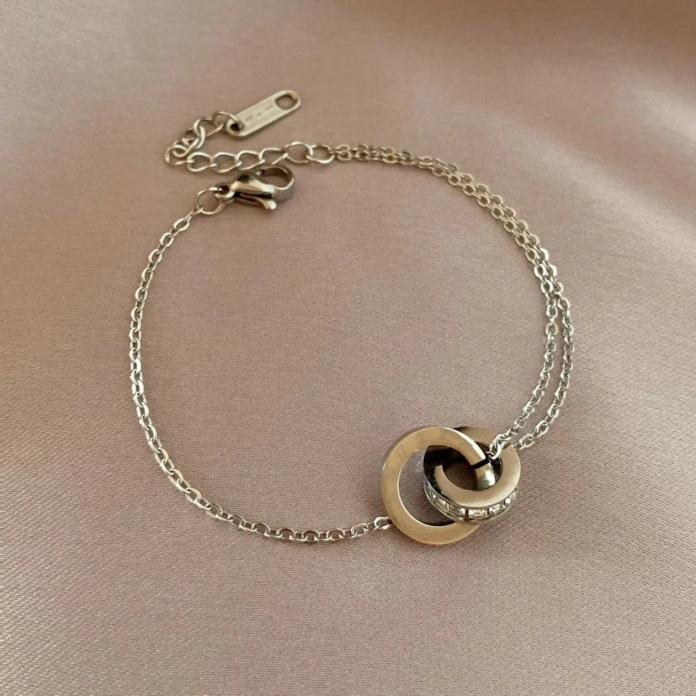 luckacco personality roman numeral double ring cross zircon bracelet for women korea fashion gold color stainless steel bangle jewelry