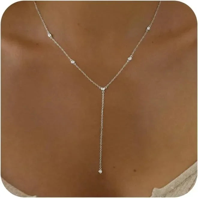 luckacco gold plated cz lariat necklace for women boho fashion jewelry women, silver plated necklace for women, dainty gold necklaces