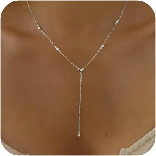 Luckacco Gold Plated CZ Lariat Necklace for Women Boho Fashion Jewelry Women, Silver Plated Necklace for Women, Dainty Gold Necklaces