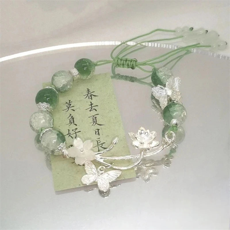 luckacco chinese style lotus butterfly beaded bracelets for women fashion green bead handmade bracelets exquisite sweet jewelry gifts
