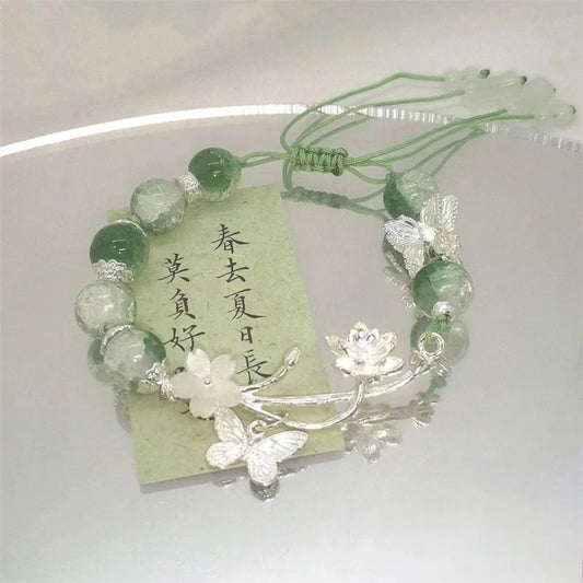 Luckacco Chinese Style Lotus Butterfly Beaded Bracelets for Women Fashion Green Bead Handmade Bracelets Exquisite Sweet Jewelry Gifts