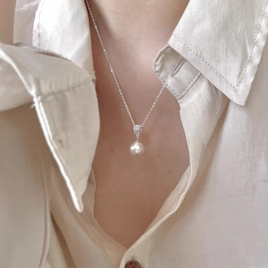 Luckacco New Trendy Fashion 925 Silver Pearl Simple Elegant Thin Chain Pendant Necklace for Women Girl Jewelry Dropship
