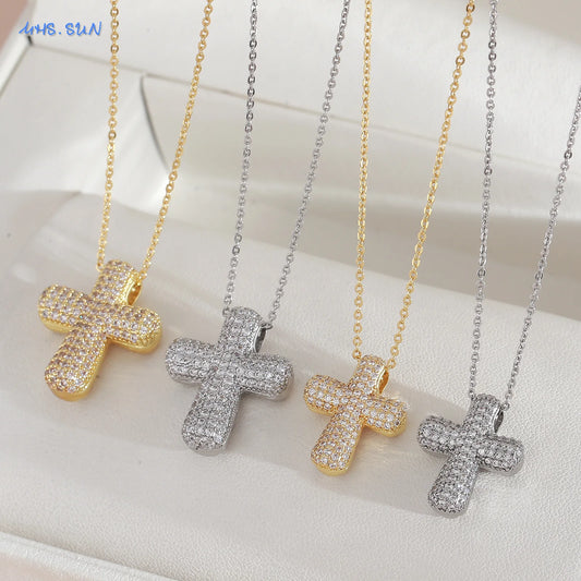 Luckacco SUNSLL Classic Chunky Full Cubic Zircon Cross Pendant Necklaces For Women Men Gold/Silver Color Catholicism Religious Jewelry