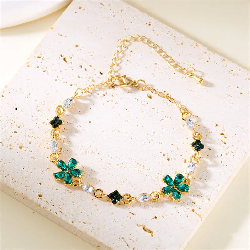 luckacco charm red crystal zircon flower bracelet for women vintage boho full rhinestone flowers bangles girls party christmas jewelry