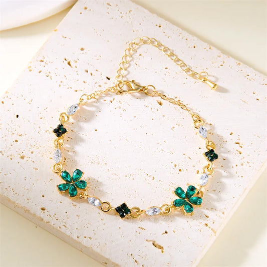 Luckacco Charm Red Crystal Zircon Flower Bracelet For Women Vintage Boho Full Rhinestone Flowers Bangles Girls Party Christmas Jewelry