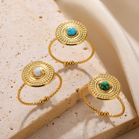 Luckacco Stainless Steel Rings Natural Stone Lucky Jewelry Round Sun Vintage Gold Color Ring For Women Anniversary Gift New Female Male